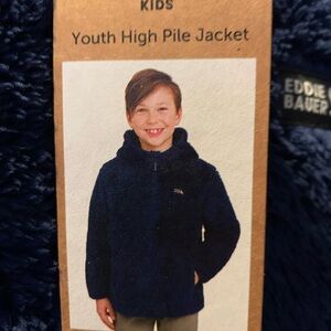 New Eddie Bauer Youth High Pile Plush Hooded Full Zip Jacket Blue SMALL 7/8